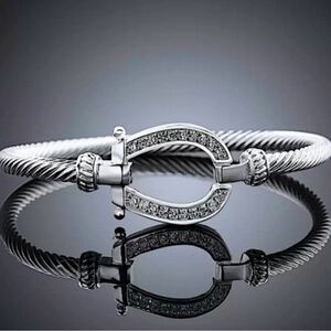 Sterling Silver 925 Horsebit Twisted Cable Zircon Crystal Luxury Bracelet